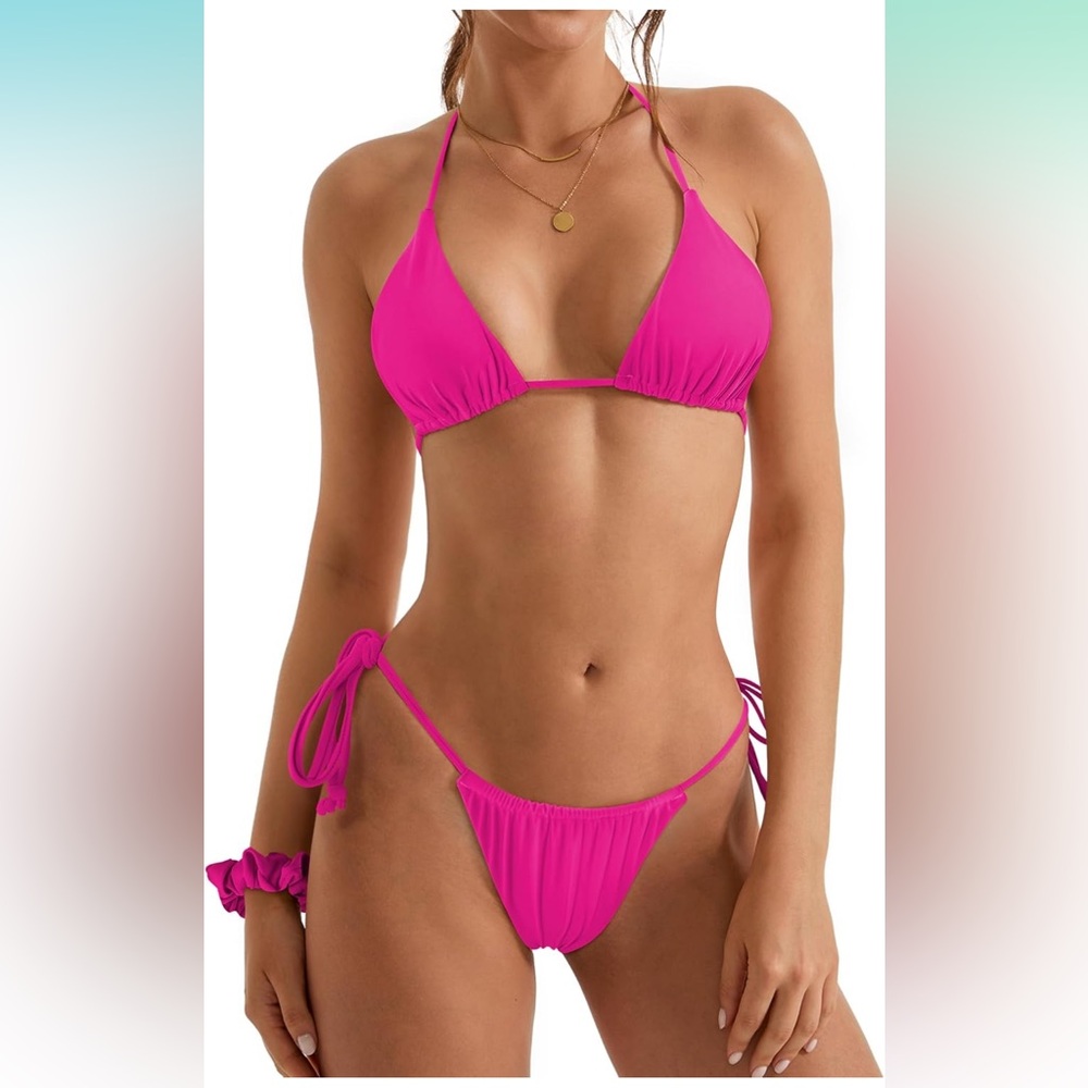 🚘Vibrant Pink Bikini Set Suukess  string bikini set tie side thong scrunchhalter